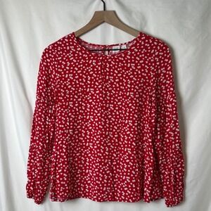 GAP Kids Girls Red Heart Print Long Sleeve Blouse Top Size XXL Holiday Light